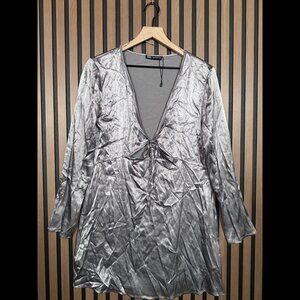 Zara Dress Large Womens Silver Front Tie Satin Long Sleeve Viscose Stretch Shift